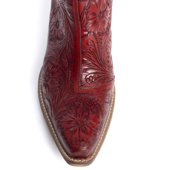 🌶️Scarlet Hand Tooled Genuine Leather Women Bootie Cowboy Boot Boho Western Red - Picture 12 of 16